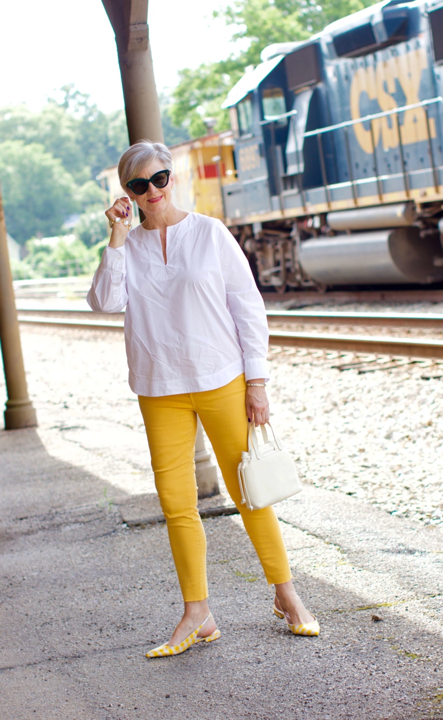 yellow denim, white cotton popover, gingham slingbacks