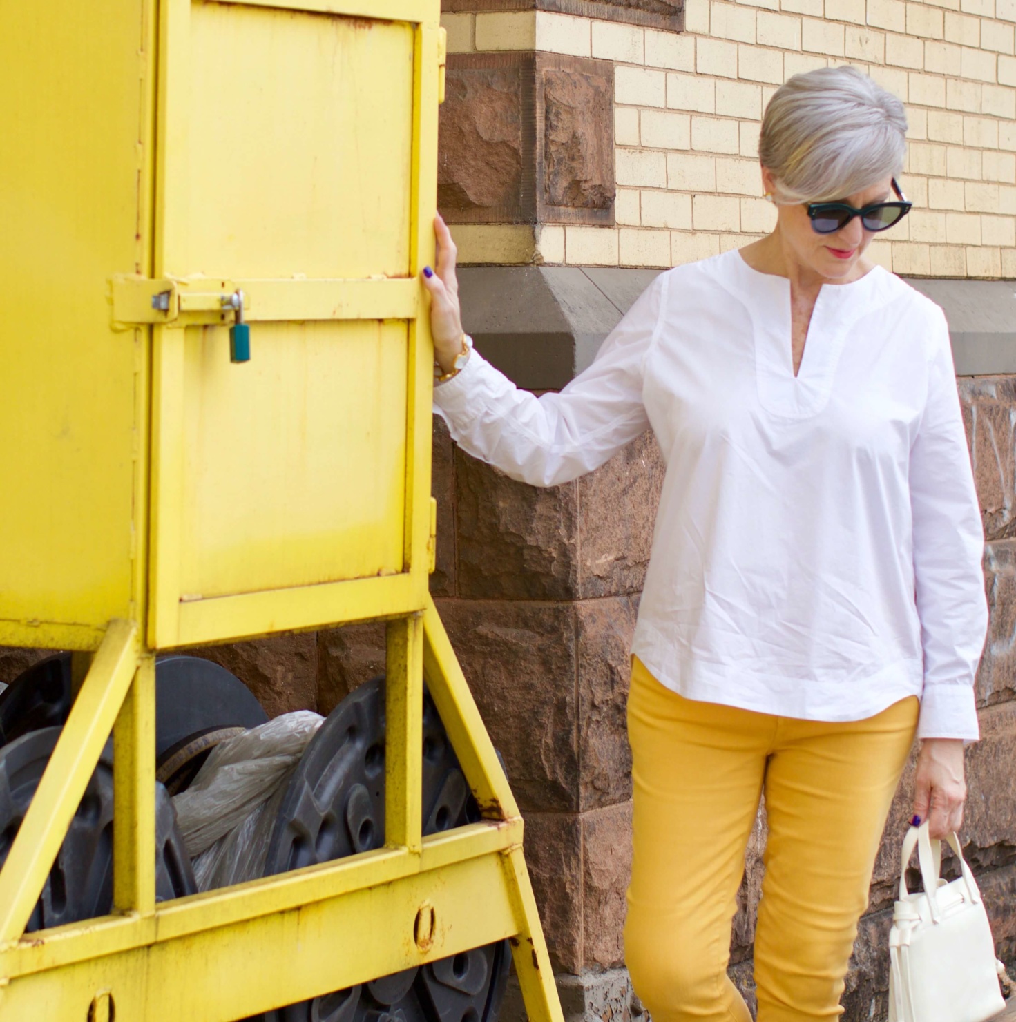 yellow denim, white cotton popover, gingham slingbacks