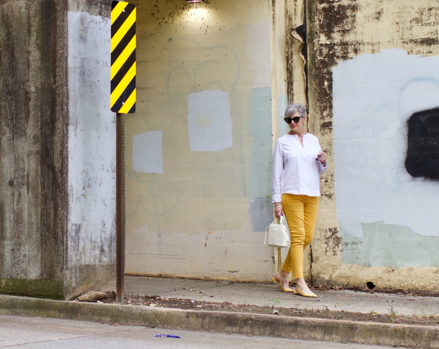 yellow denim, white cotton popover, gingham slingbacks