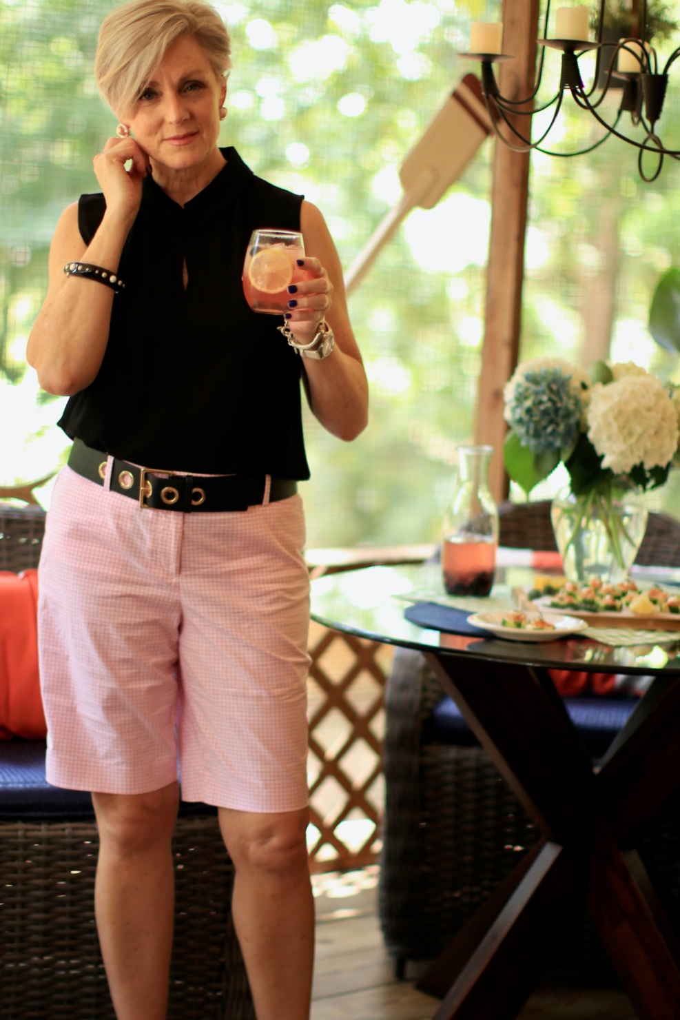 sleeveless black to and pink gingham shorts