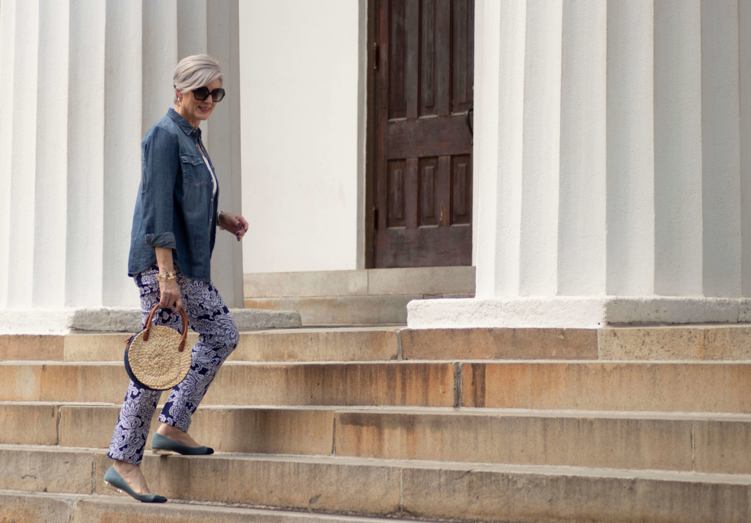 paisley pants, white tee, denim shirt, and ballet flats