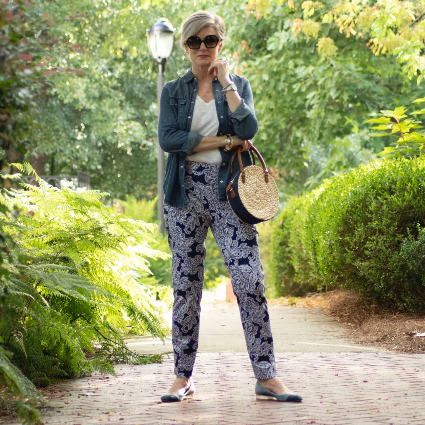 paisley pants, white tee, denim shirt, and ballet flats