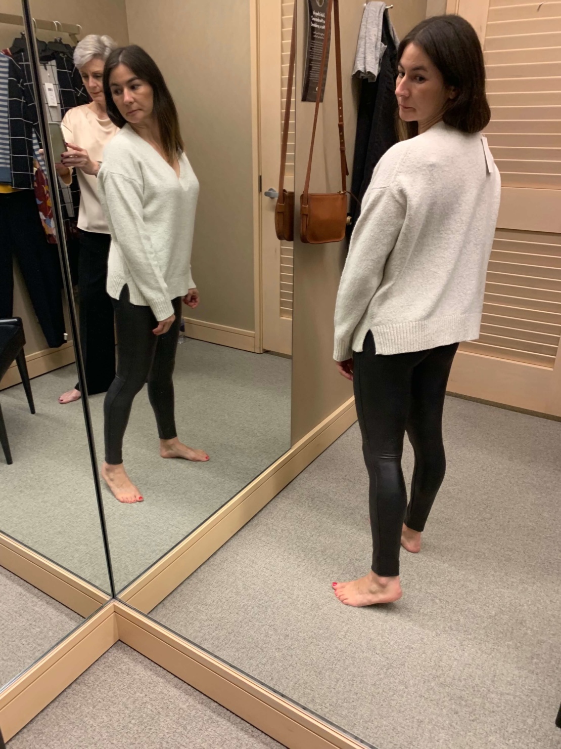vince cashmere sweater spanxx faux leather leggings