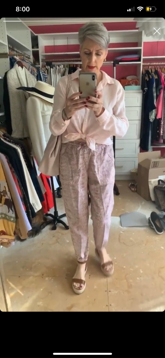 anthropologie joggers and linen blouse