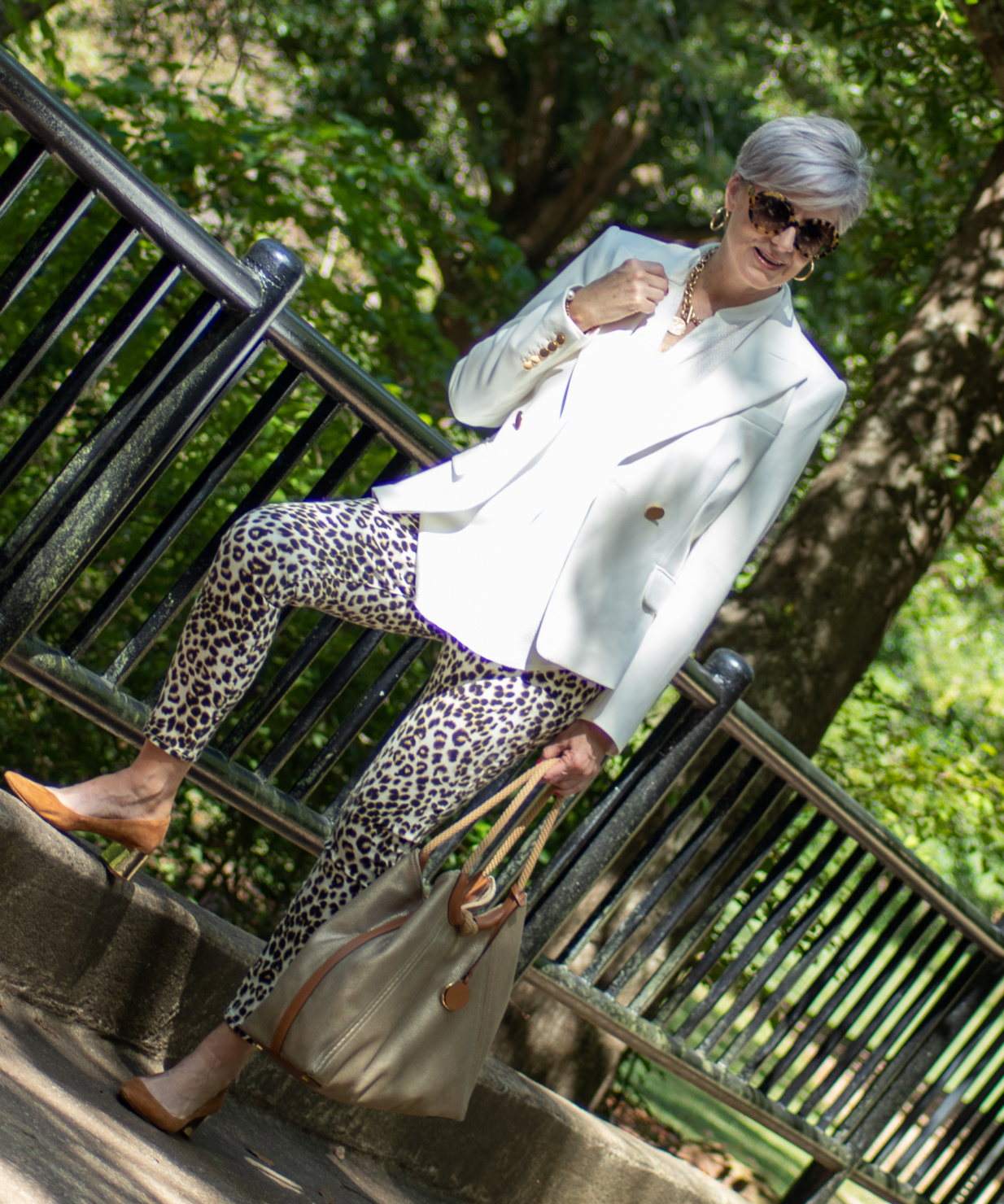 leopard jeans, silk blouse, white blazer