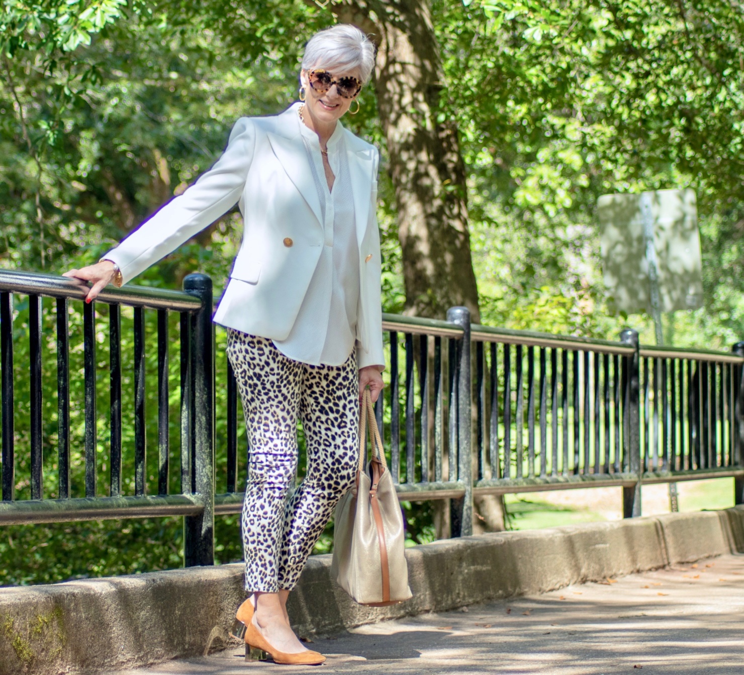 leopard jeans, silk blouse, white blazer
