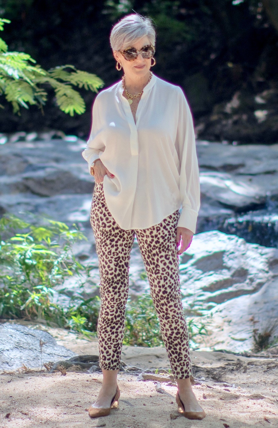 leopard jeans, silk blouse, white blazer