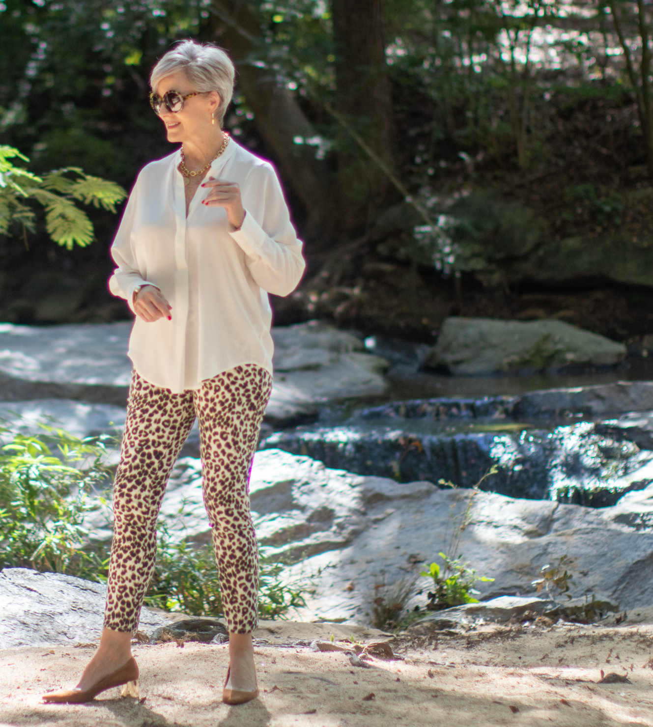 leopard jeans, silk blouse, white blazer