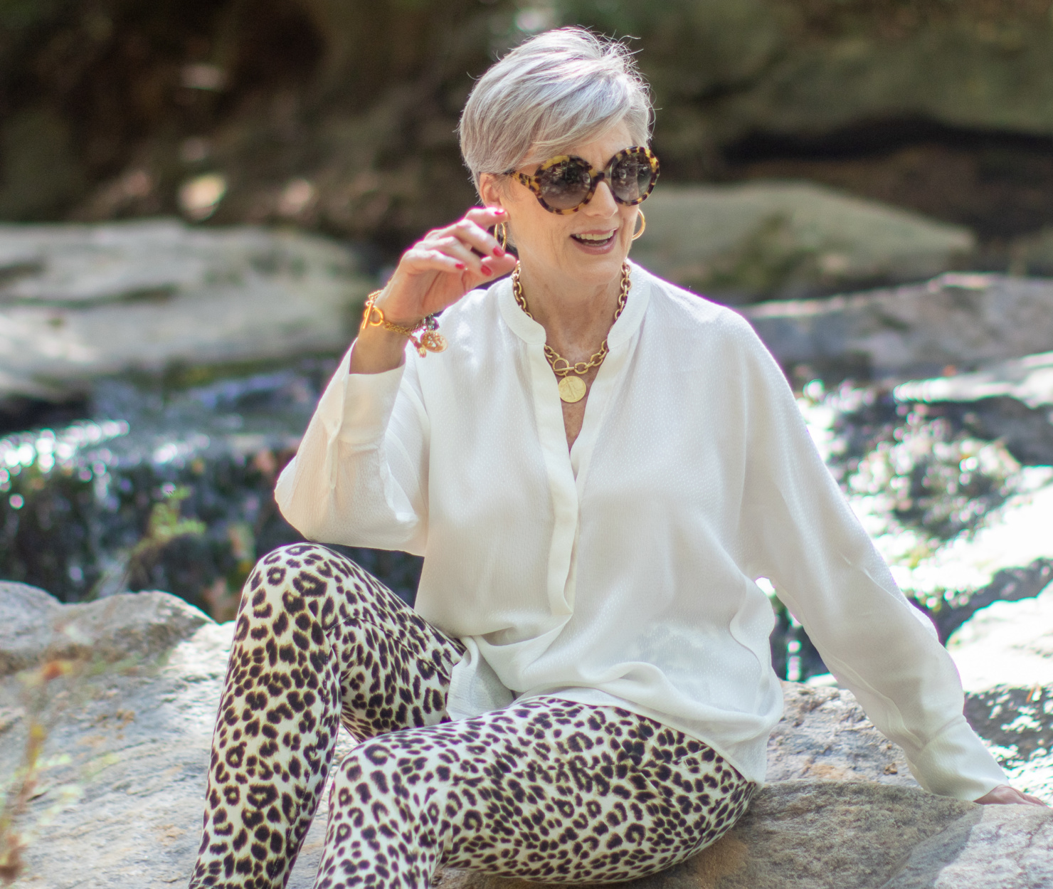 leopard jeans, silk blouse, white blazer