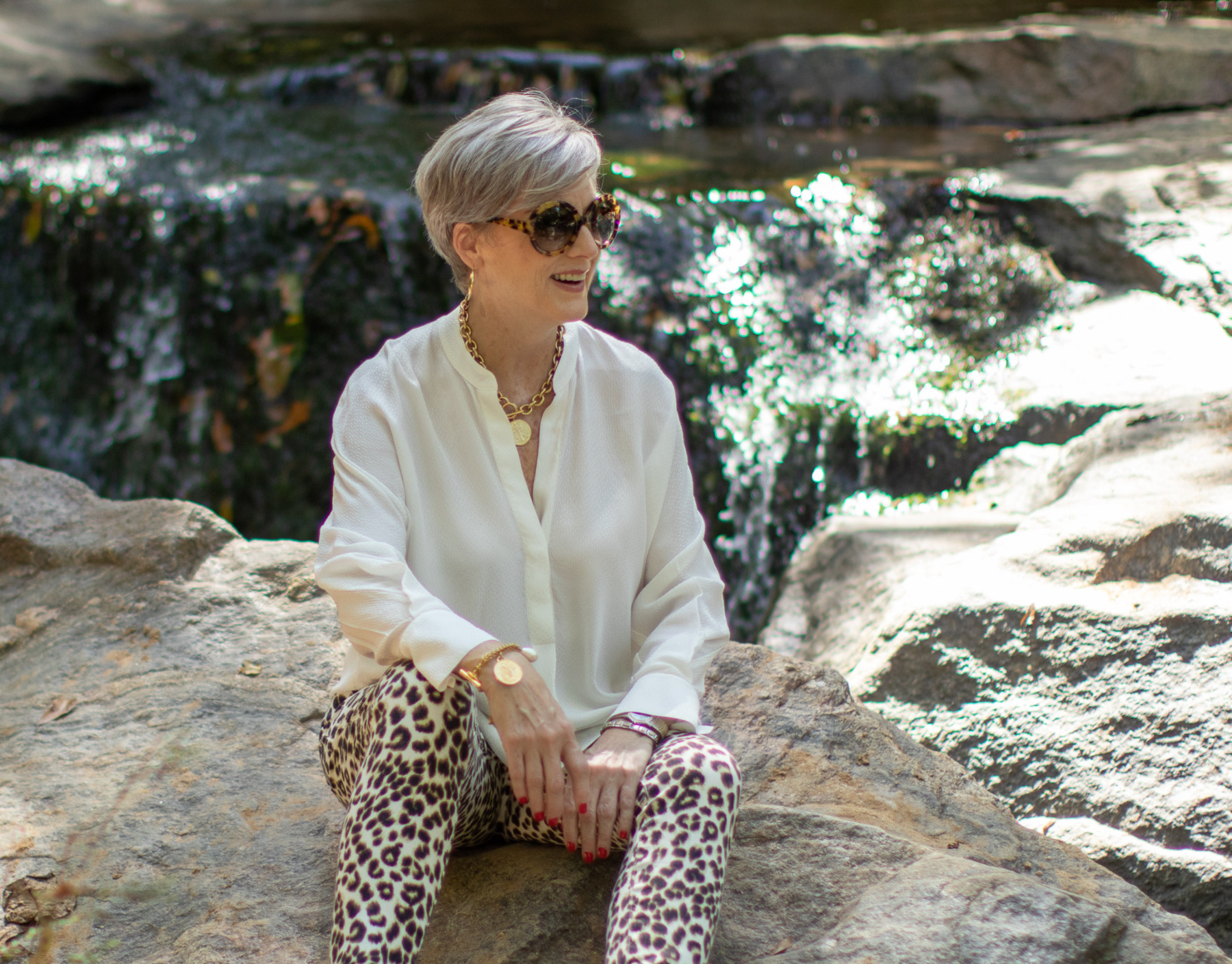 leopard jeans, silk blouse, white blazer