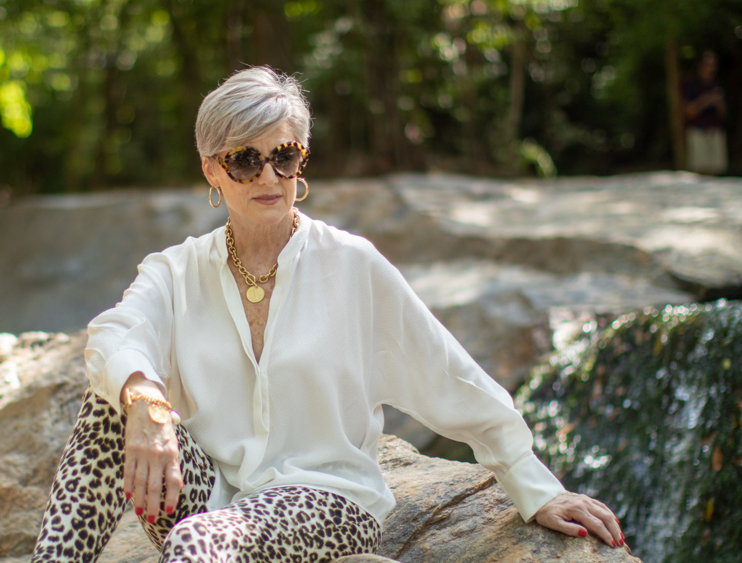 leopard jeans, silk blouse, white blazer