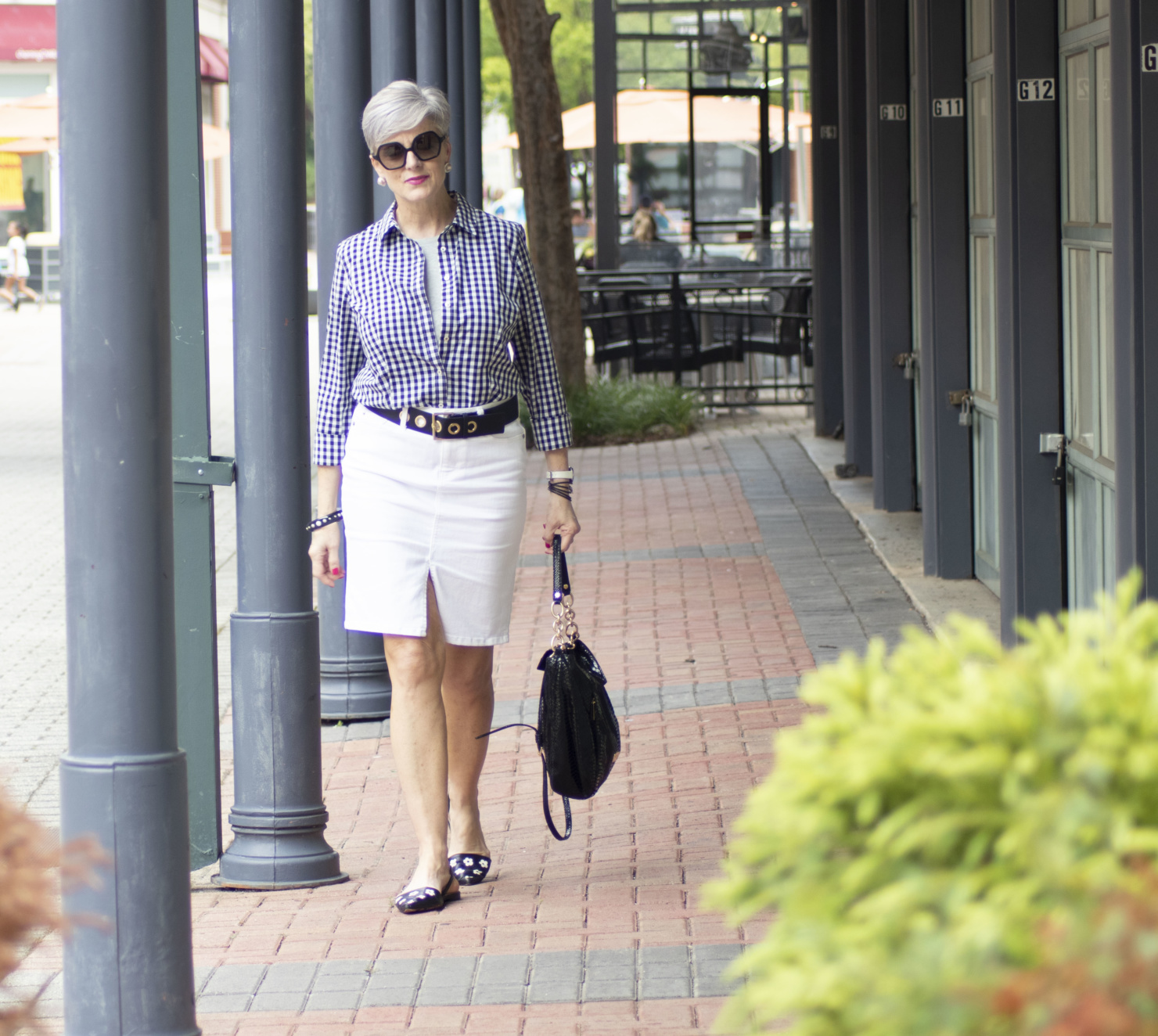 white denim skirt & gingham shirt