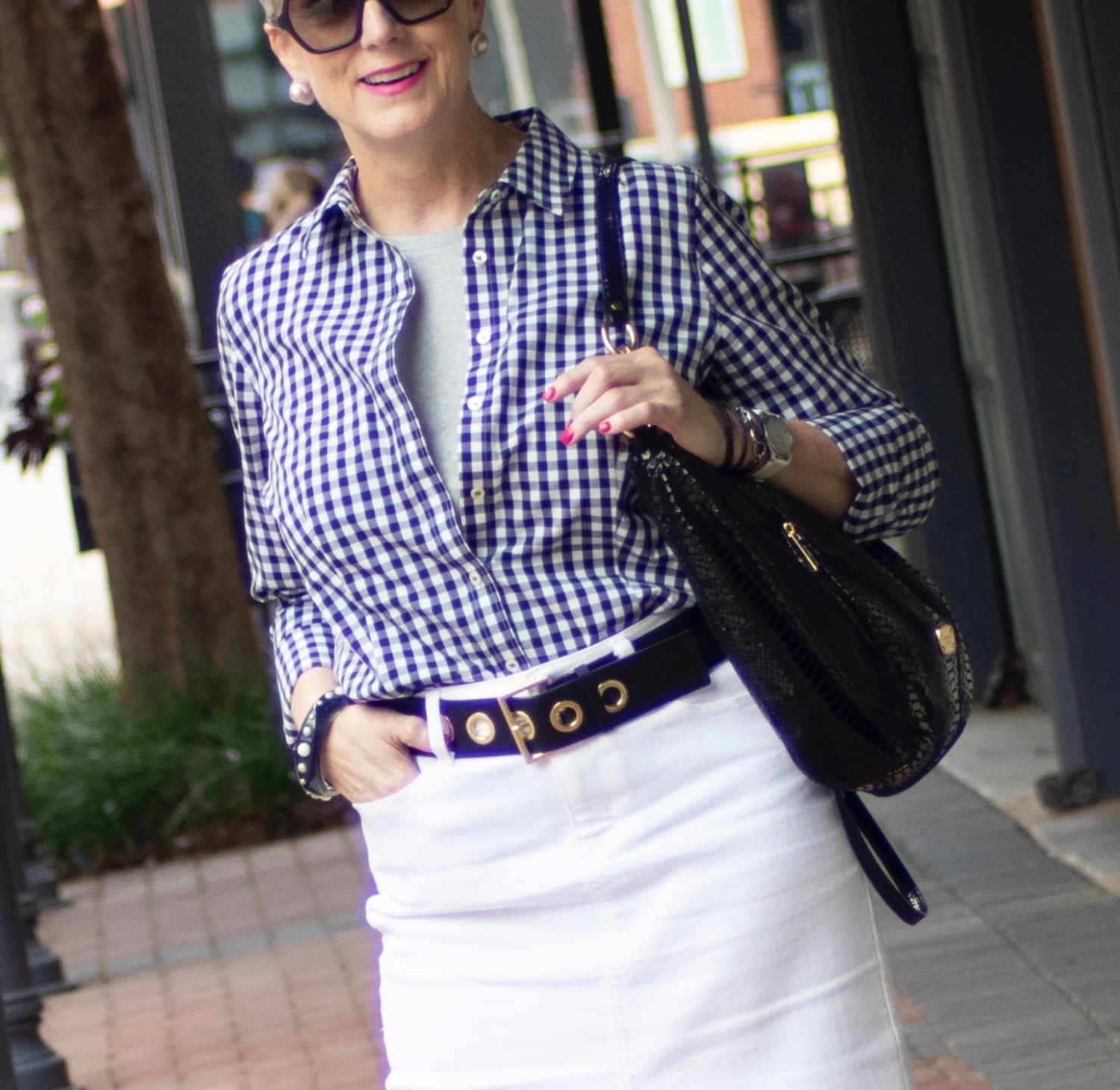 white denim skirt & gingham shirt
