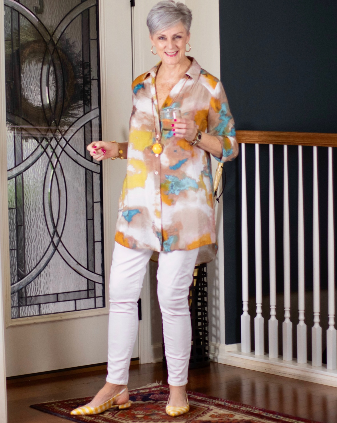 salty dog, watercolor tunic, white denim and gingham slingbacks