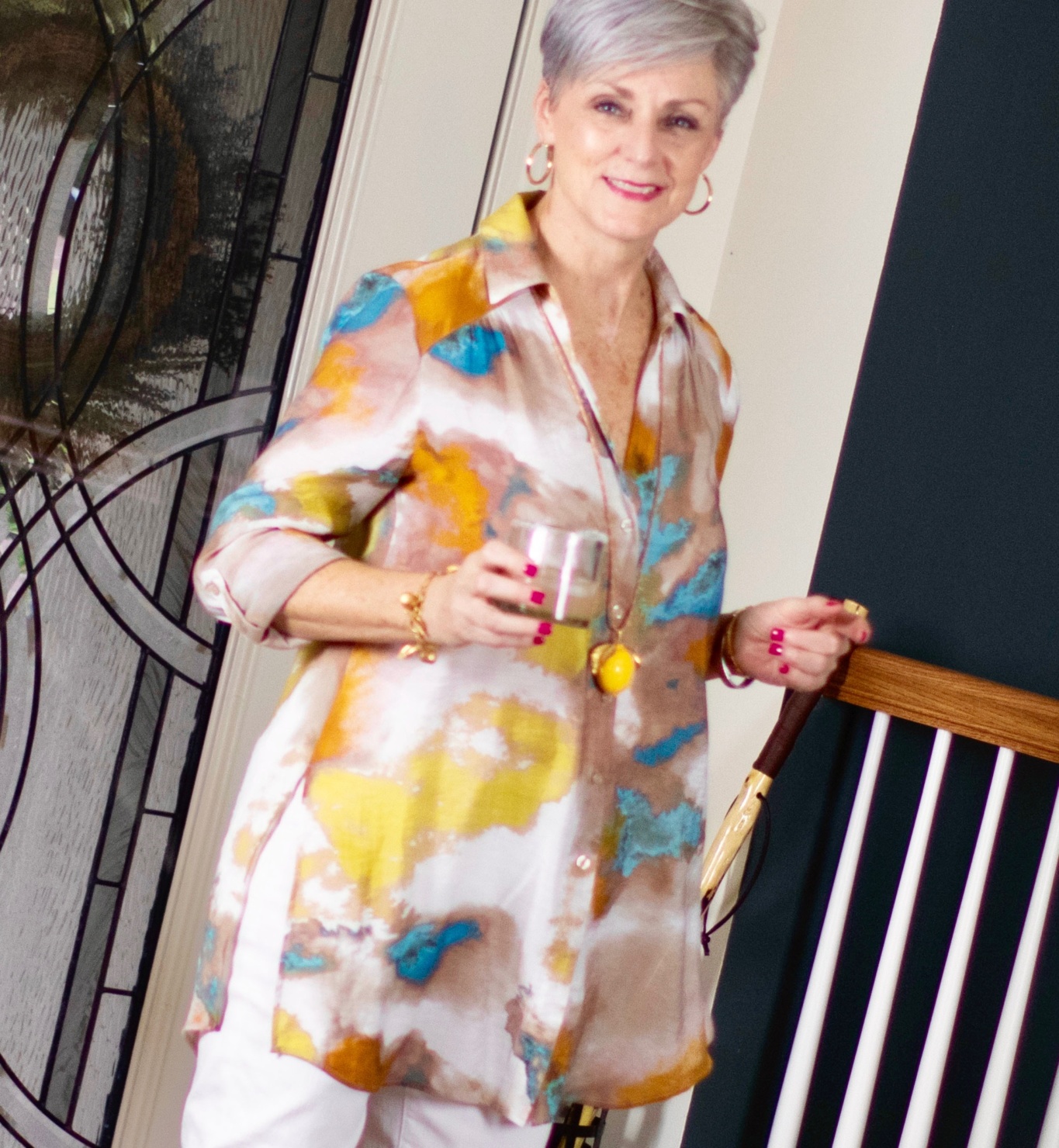 salty dog, watercolor tunic, white denim and gingham slingbacks