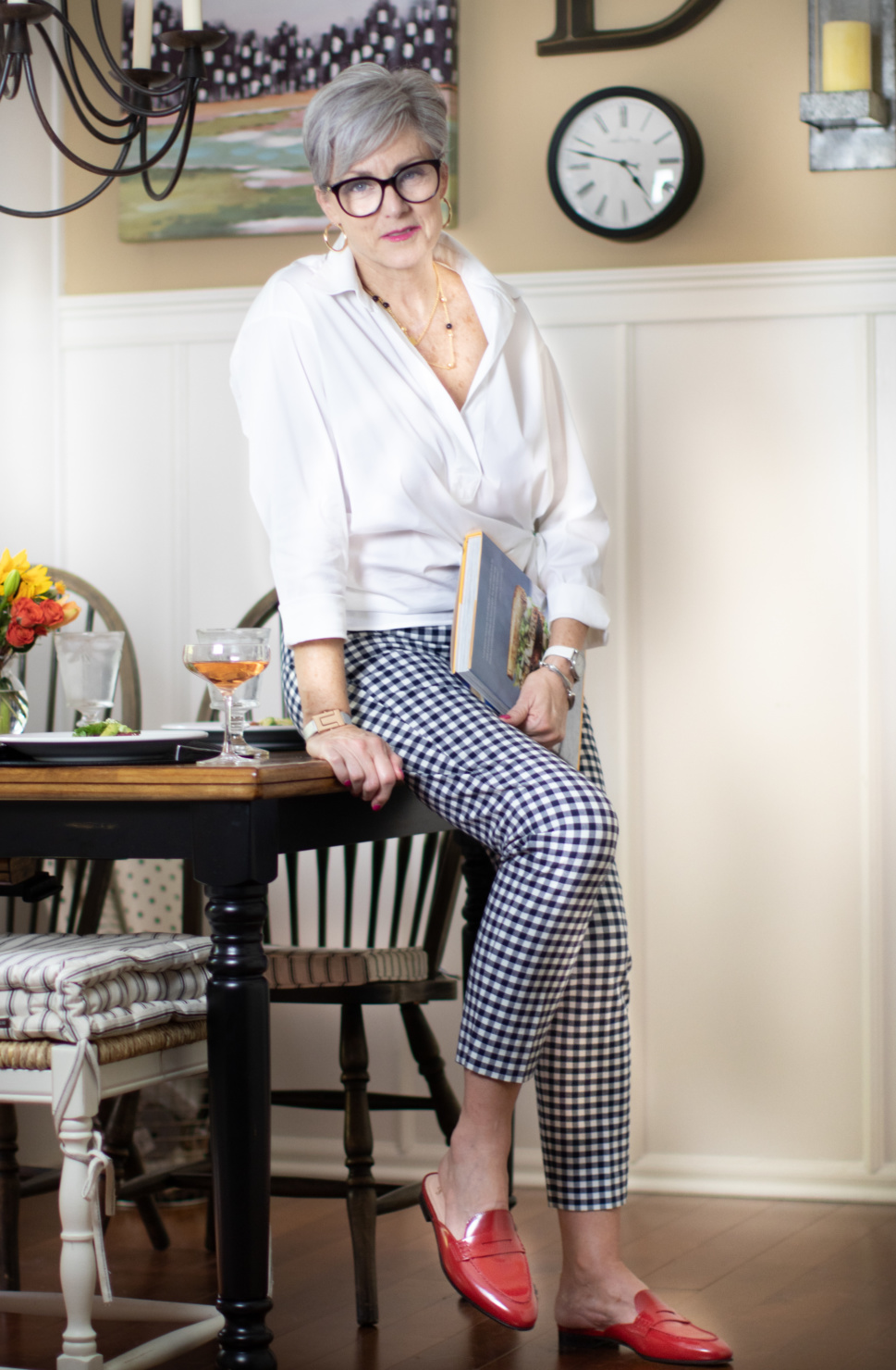 white shirt and gingham pants