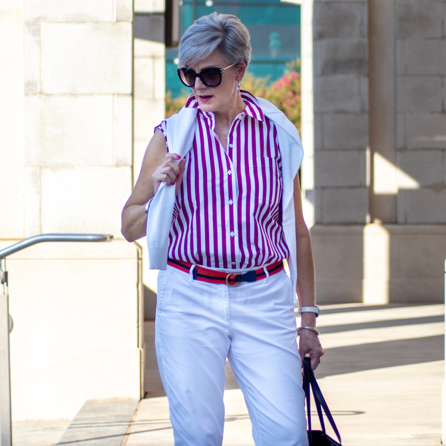 striped top and white chinos