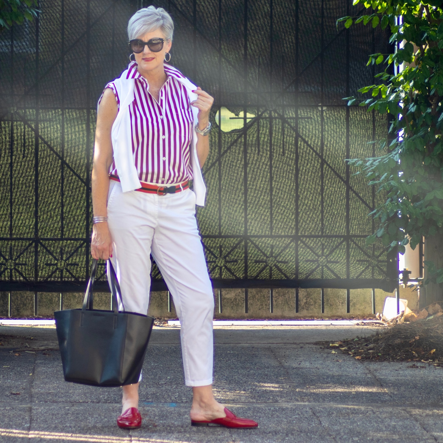 striped top and white chinos
