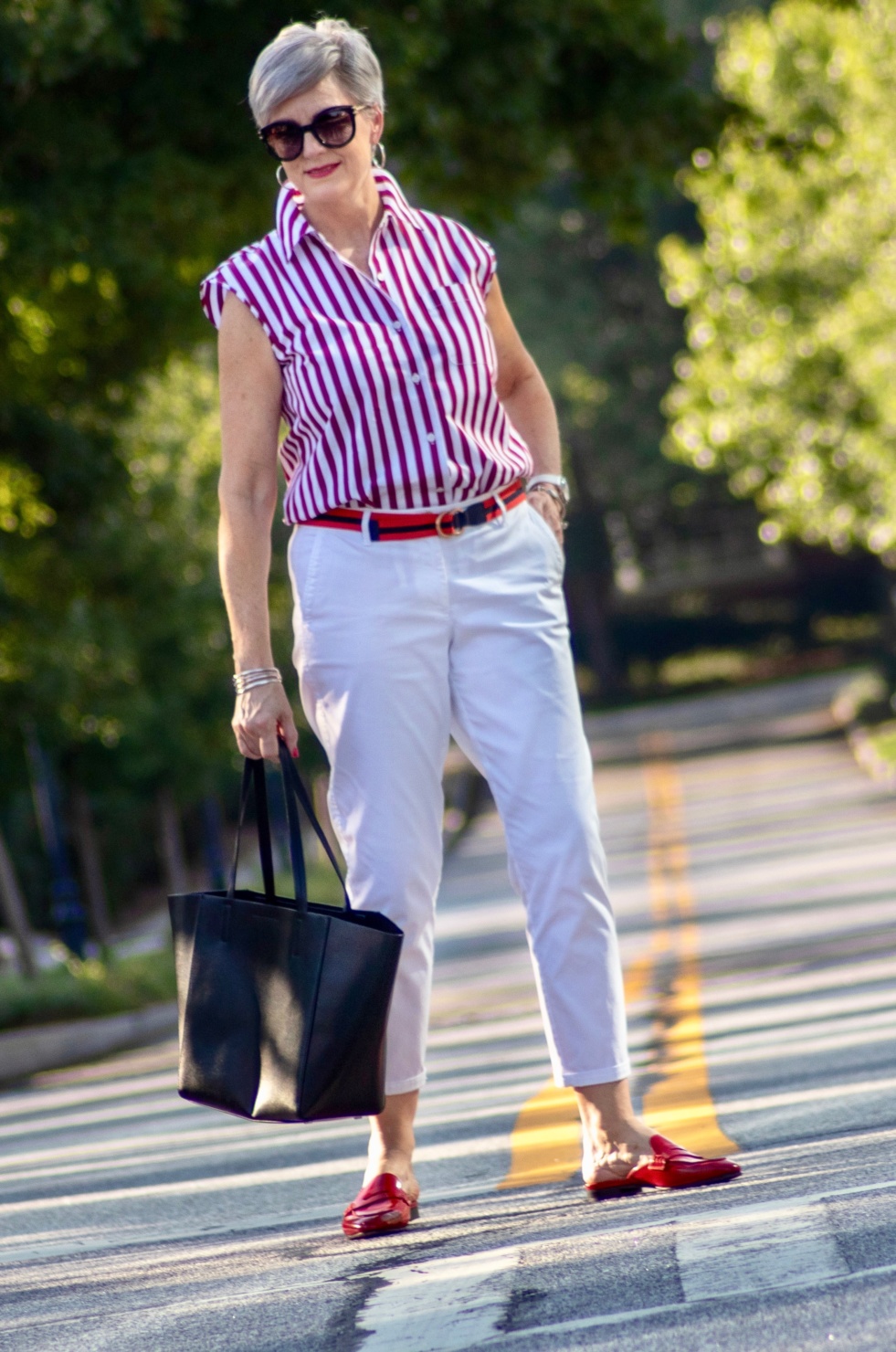 striped top and white chinos