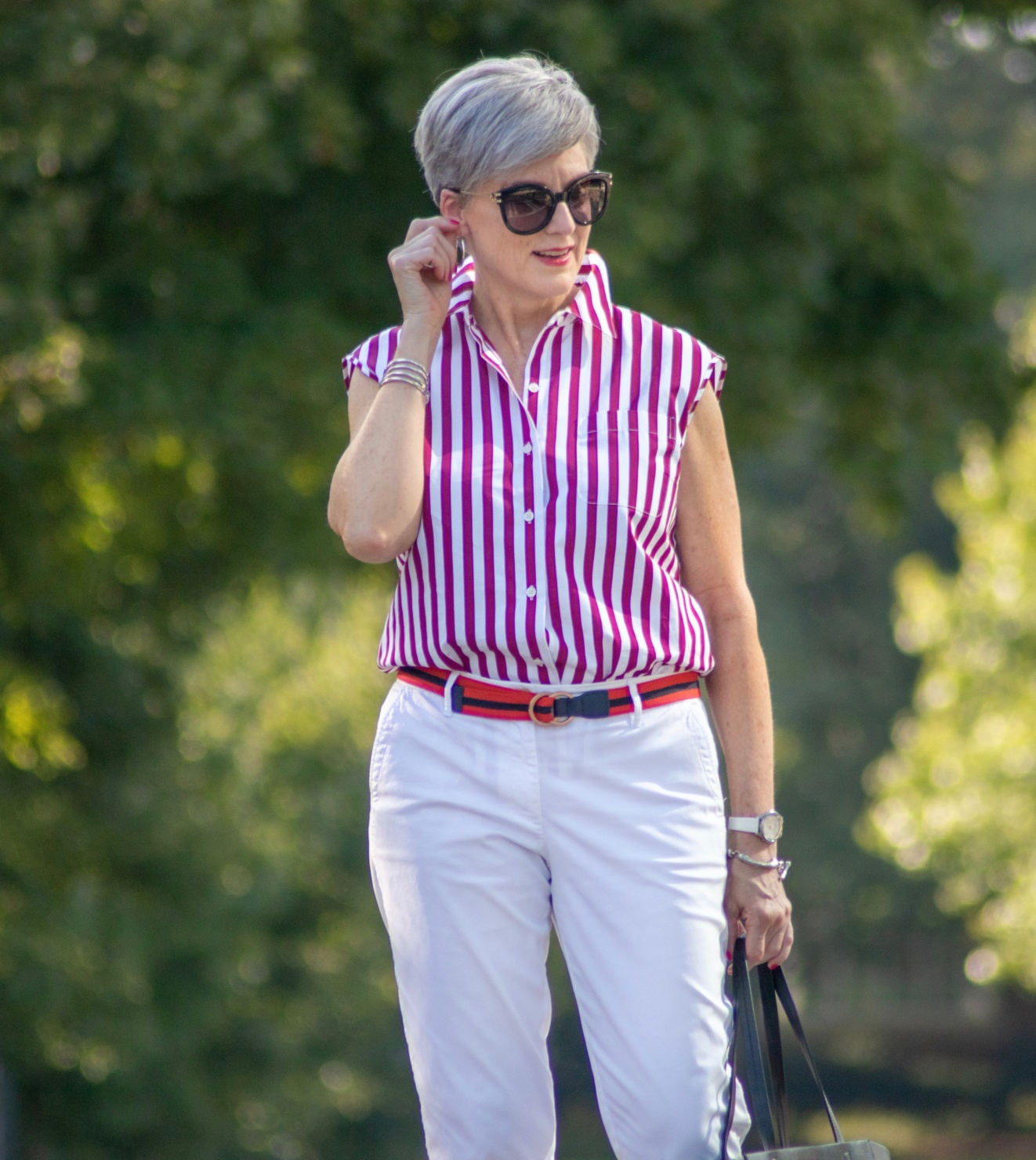 striped top and white chinos
