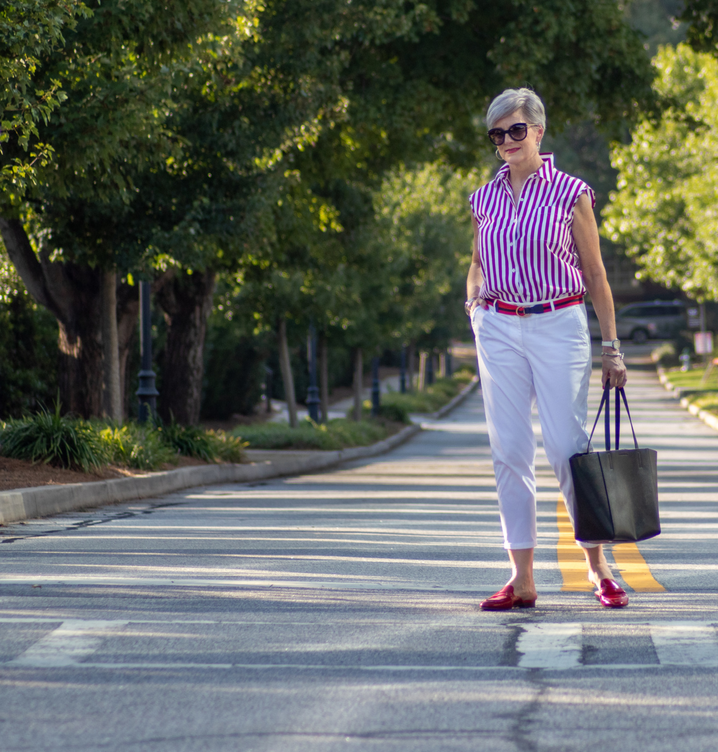 striped top and white chinos