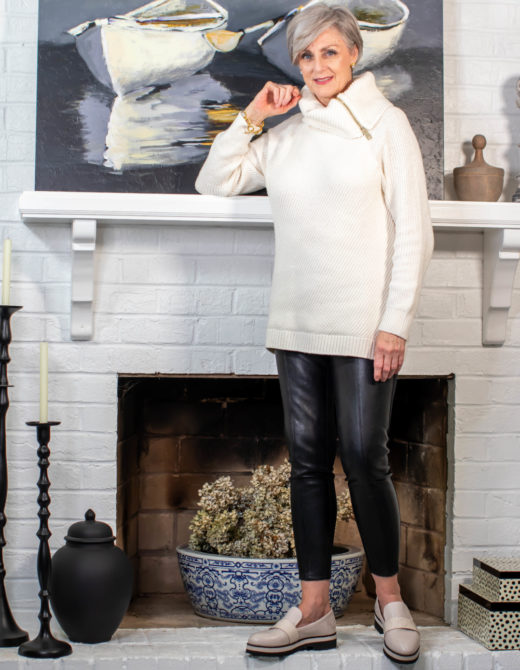 faux leather leggings and chunky sweater