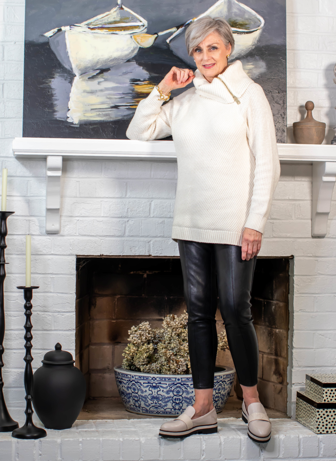 faux leather leggings and chunky sweater
