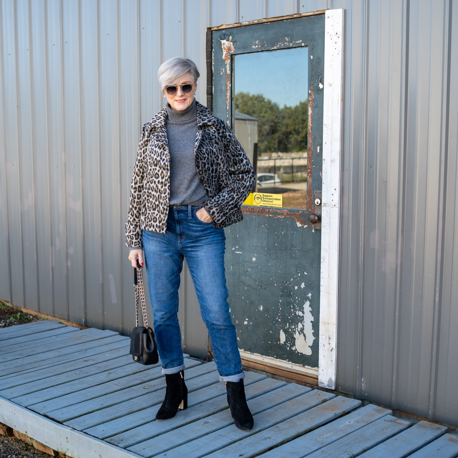 leopard jackets and suede booties