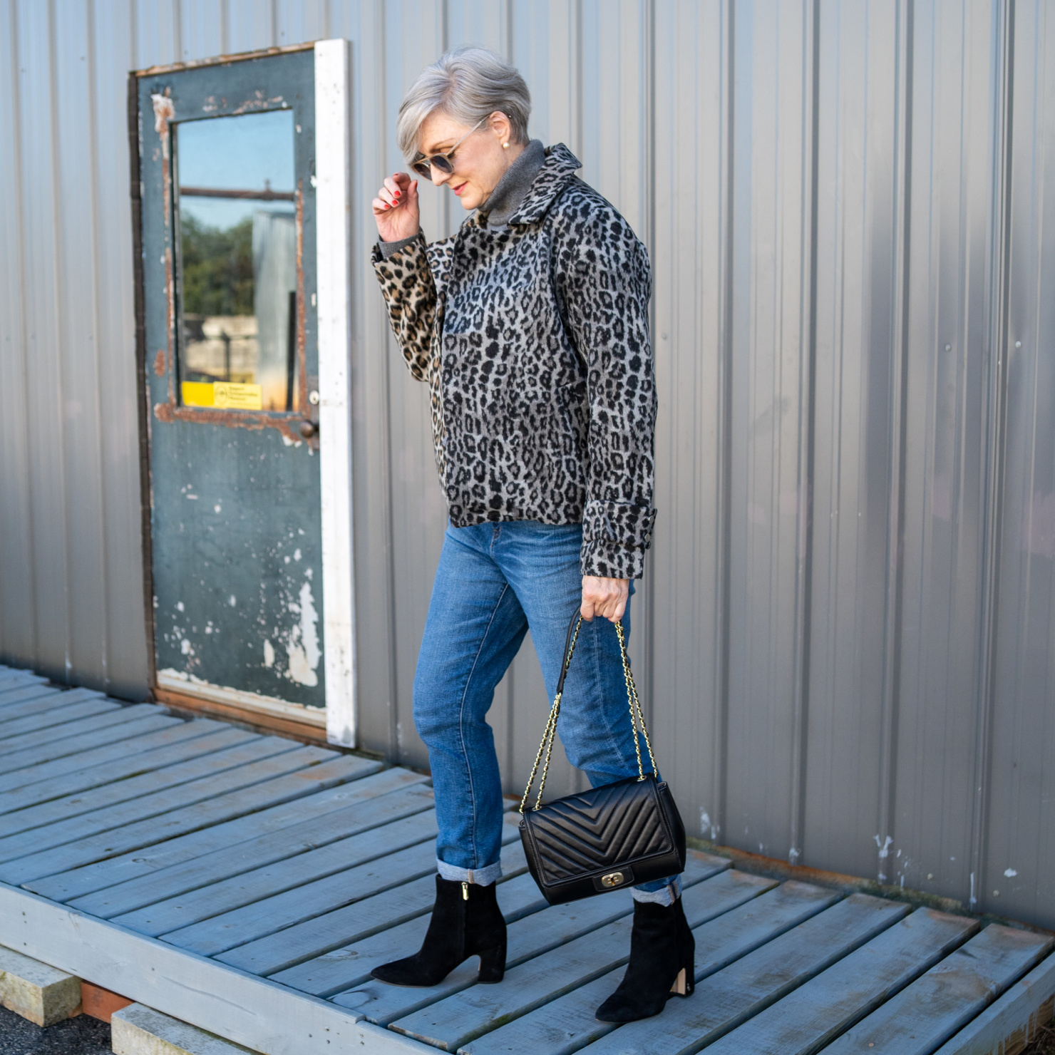 leopard jackets and suede booties
