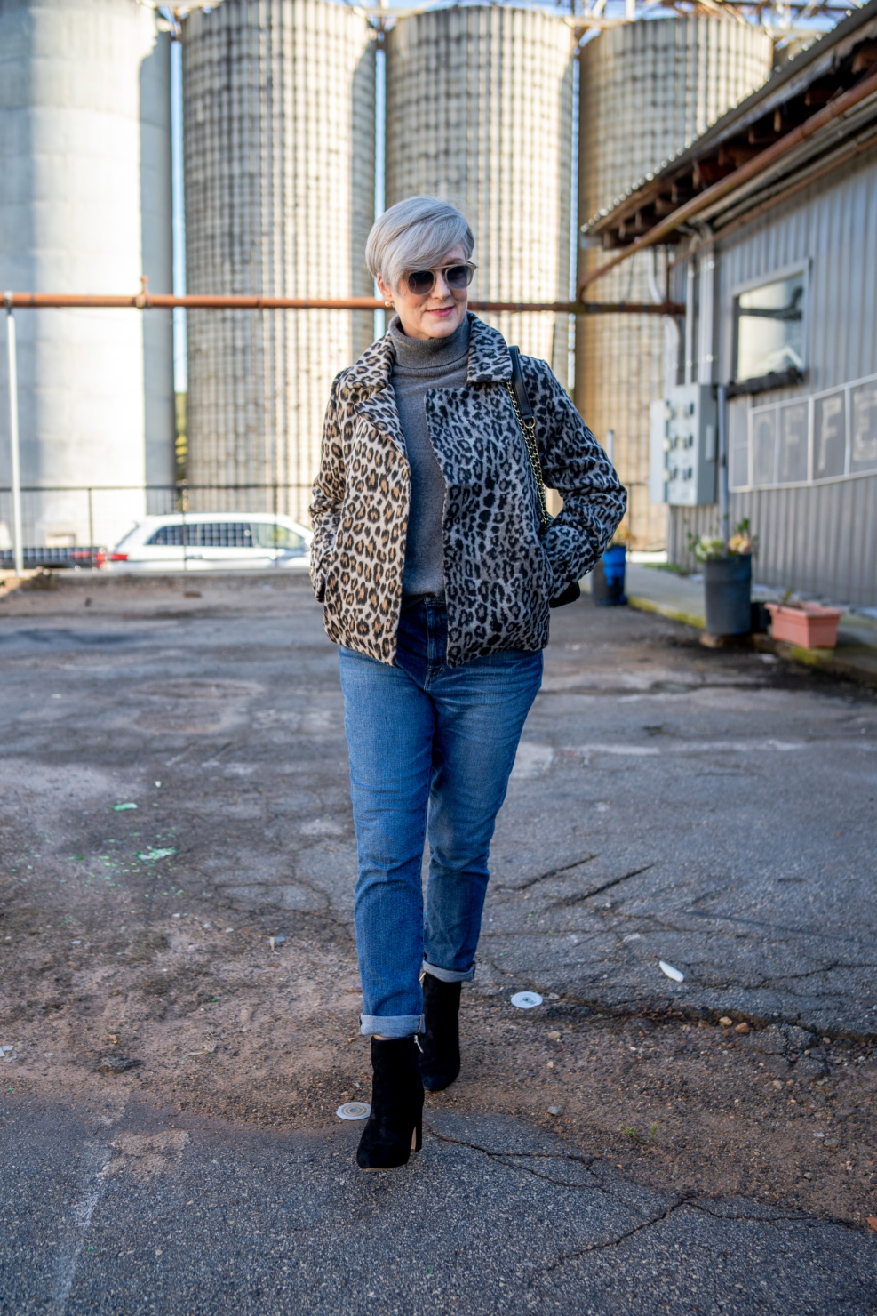 leopard jackets and suede booties