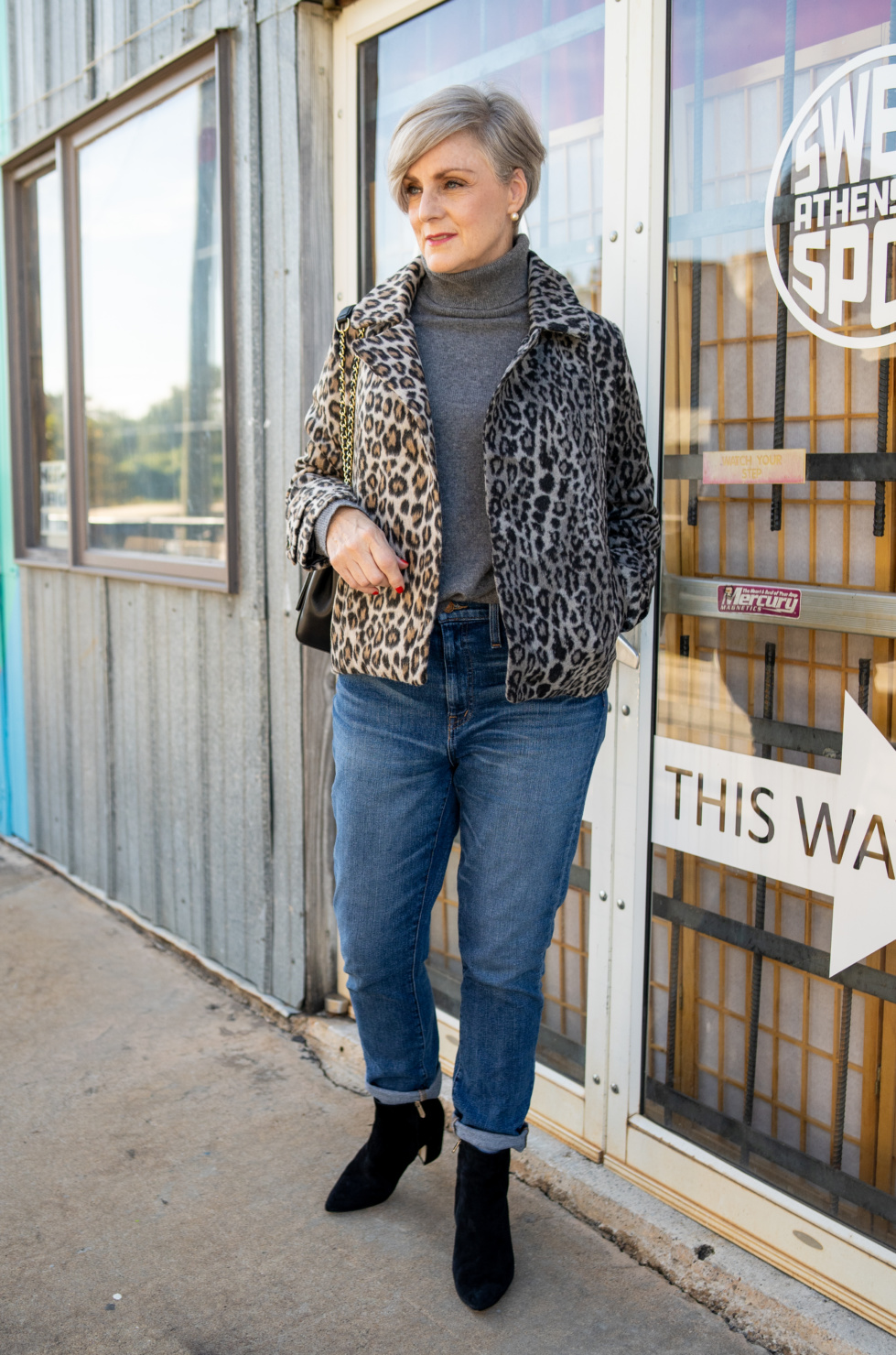 leopard jackets and suede booties