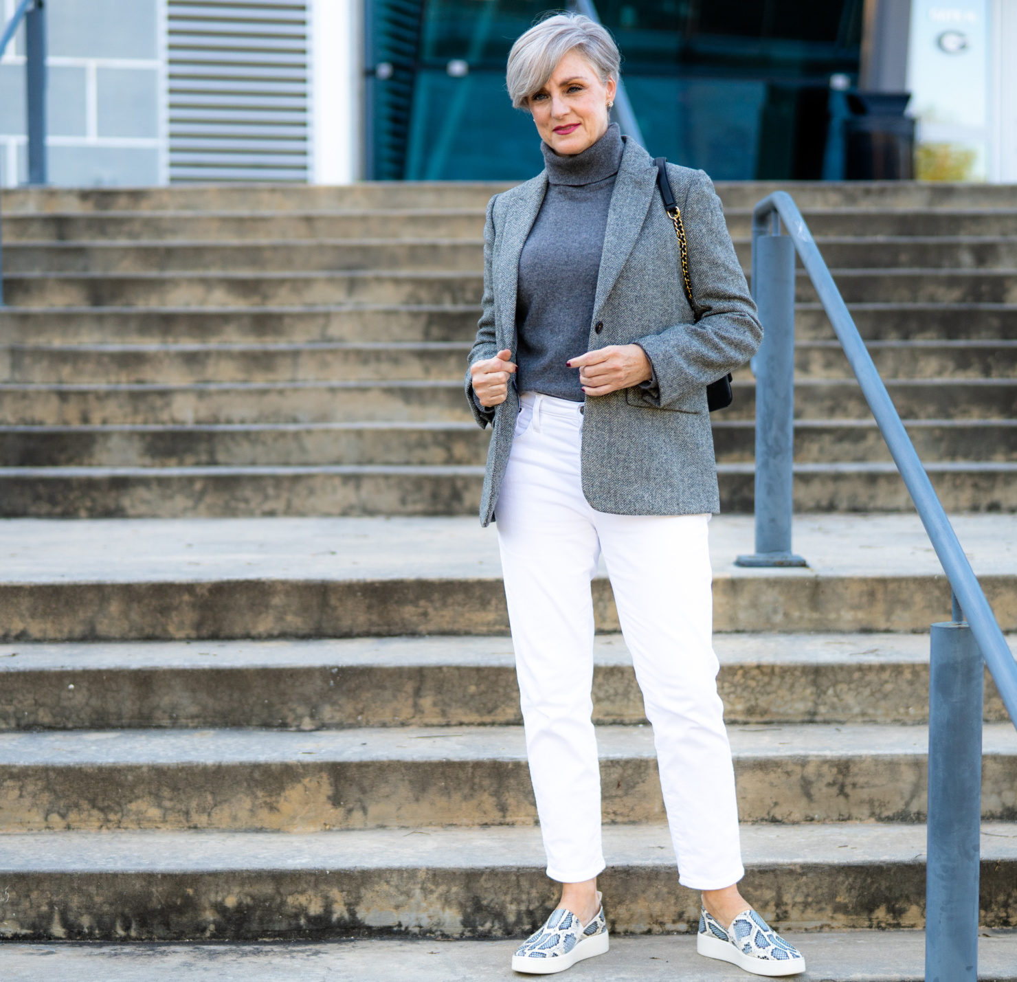 fall neutrals how to wear a grey herringbone blazer - Style At A ...