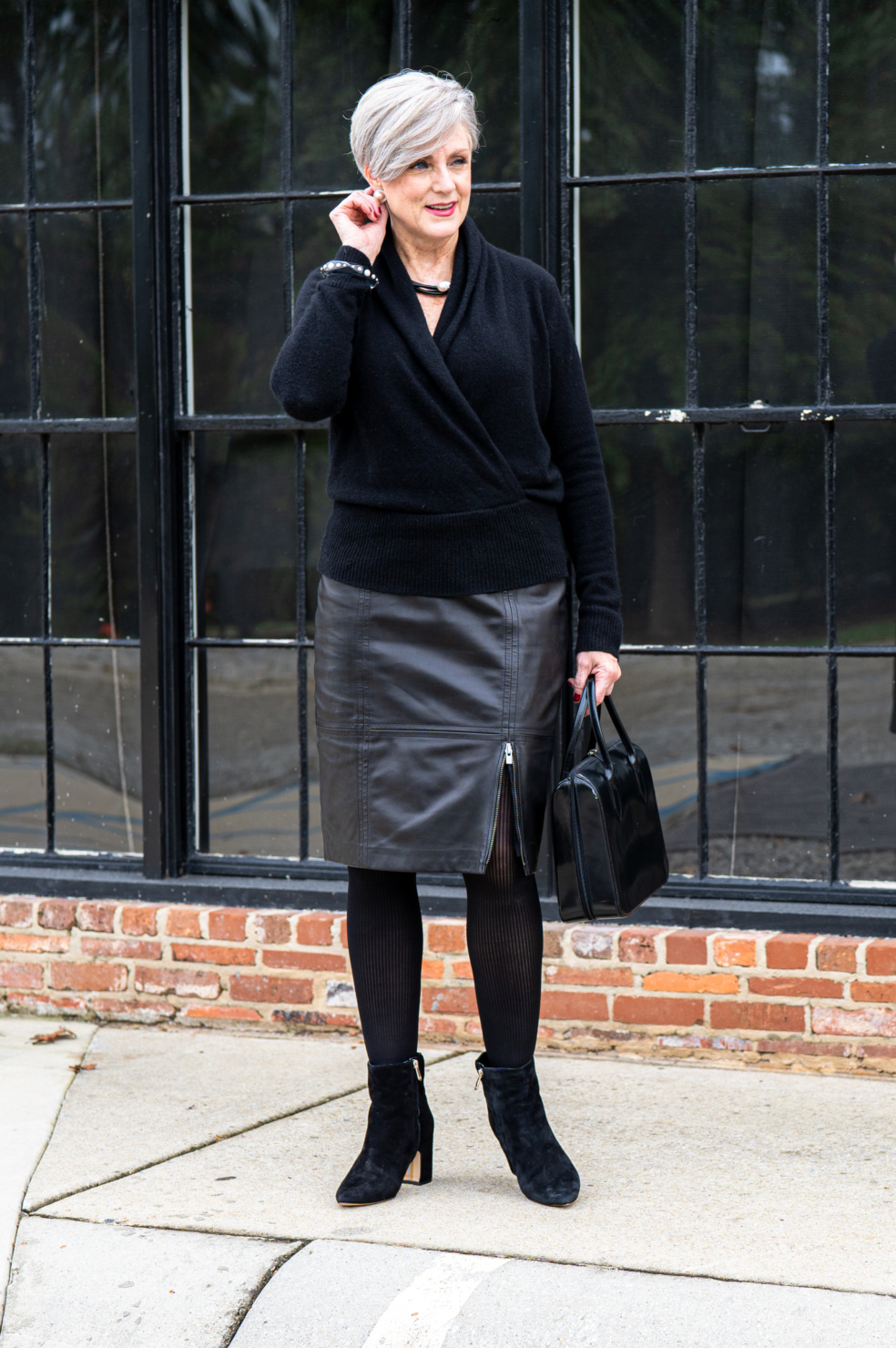 cashmere sweater, leather skirt and leopard scarf
