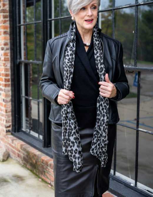 cashmere sweater, leather skirt and leopard scarf