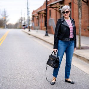 stripes, blue jeans and moto jacket