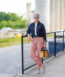 chinos, graphic tee and denim shirt