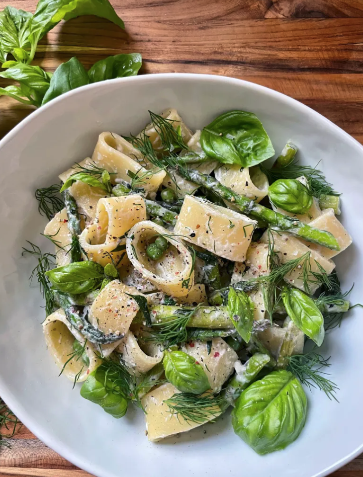 pasta spring vegetables goat cheese