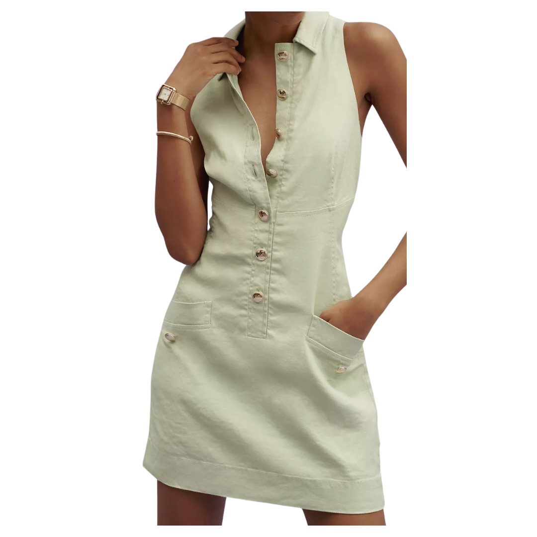 linen button front mini dress