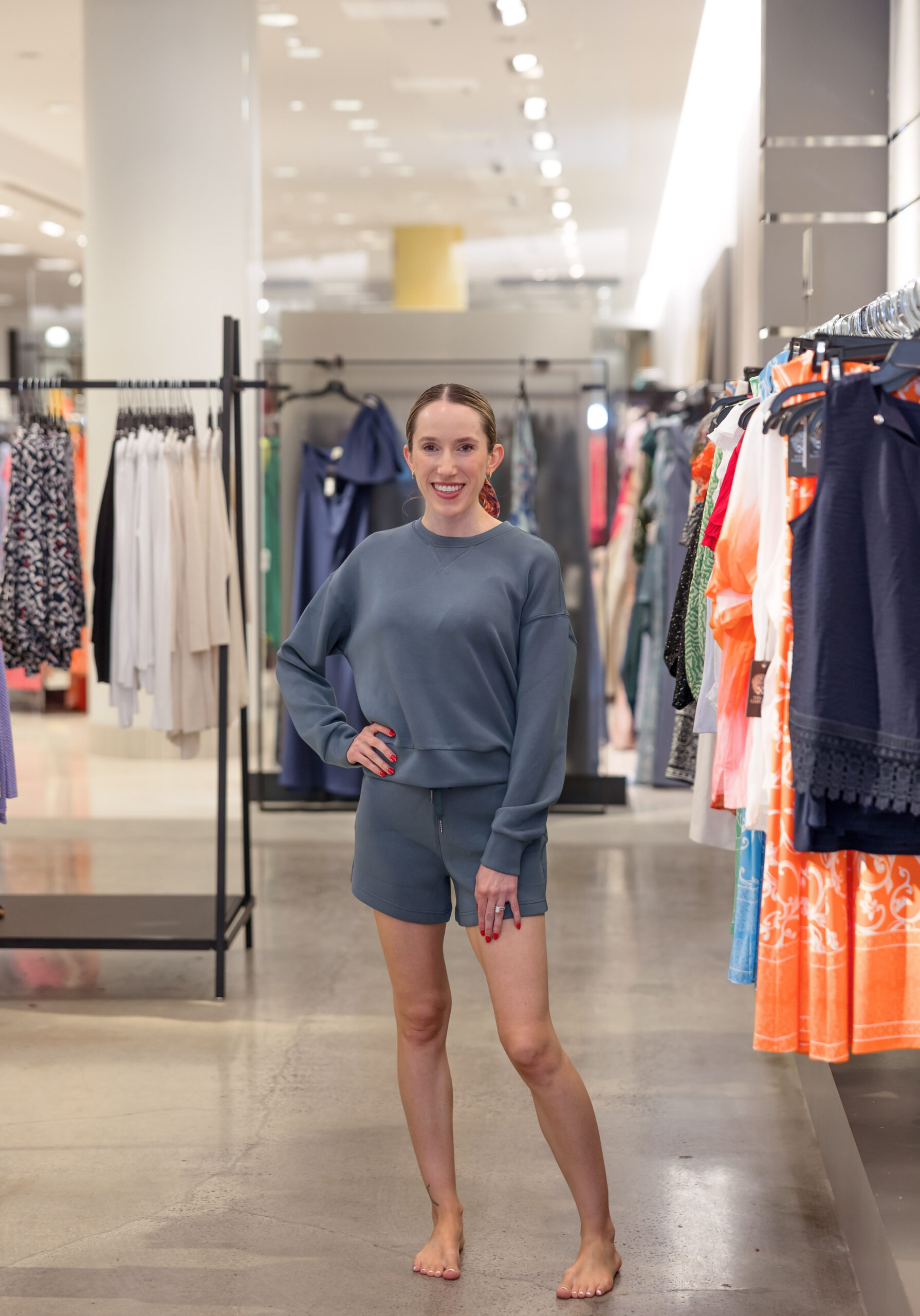 Beth SAACA | June + July 2024 AirEssentials Crewneck Sweatshirt and shorts