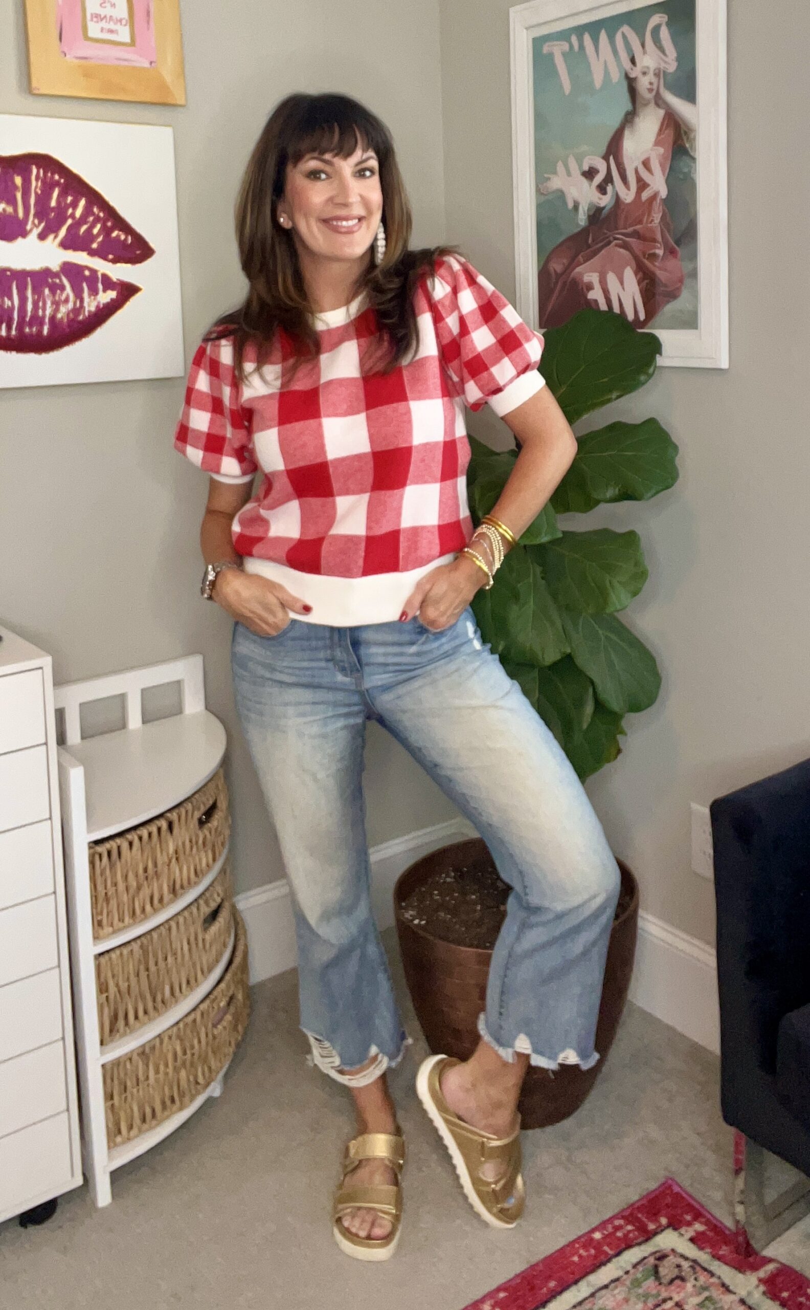 gingham sweater and jeans