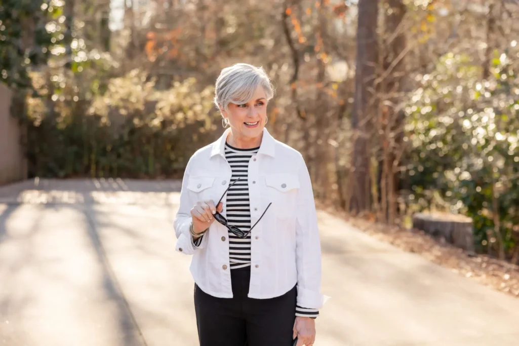  Beth Djalali wearing a transitional outfit styled for how to look expensive on a budget