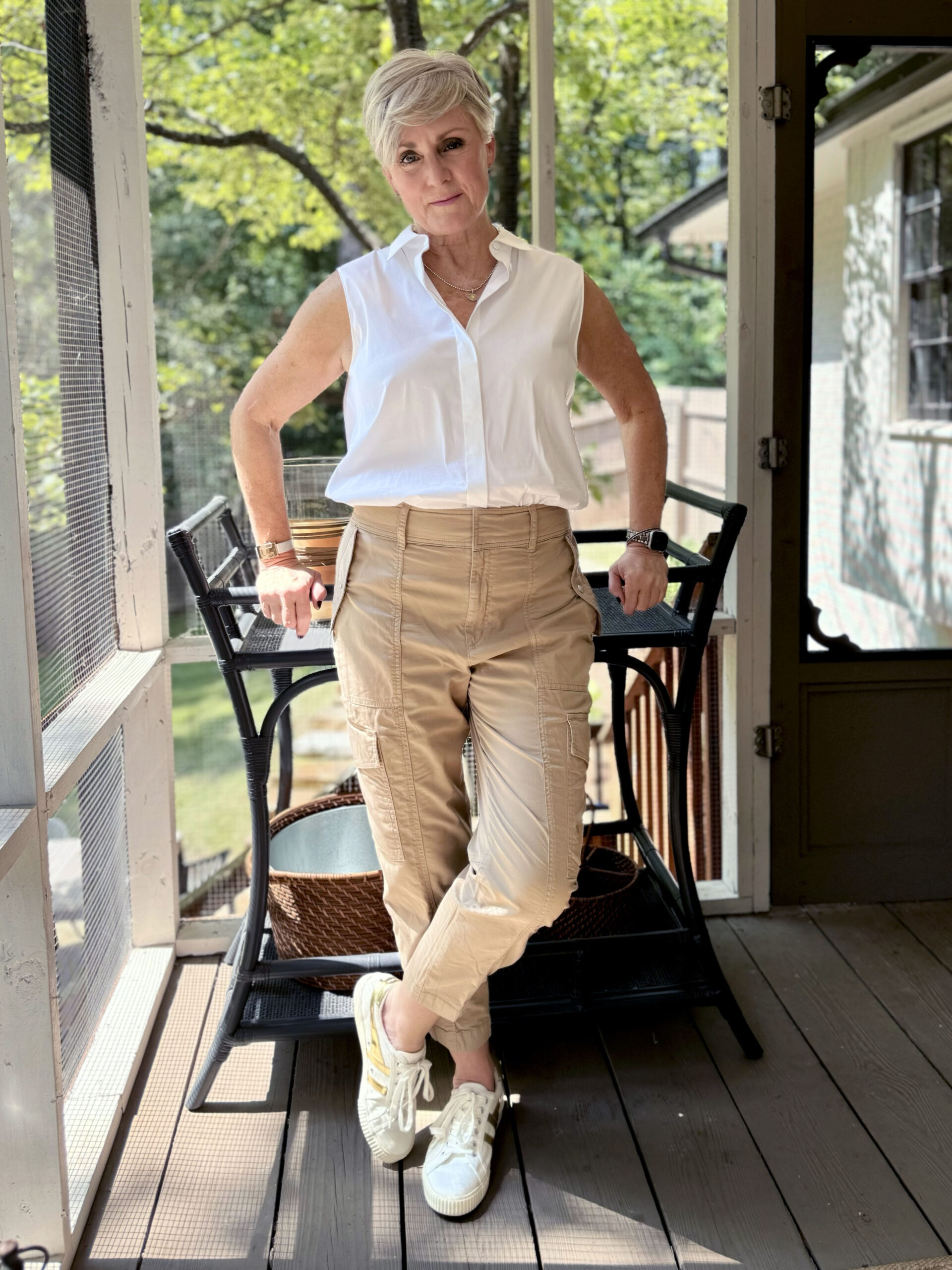 cargo pants and sleeveless button down