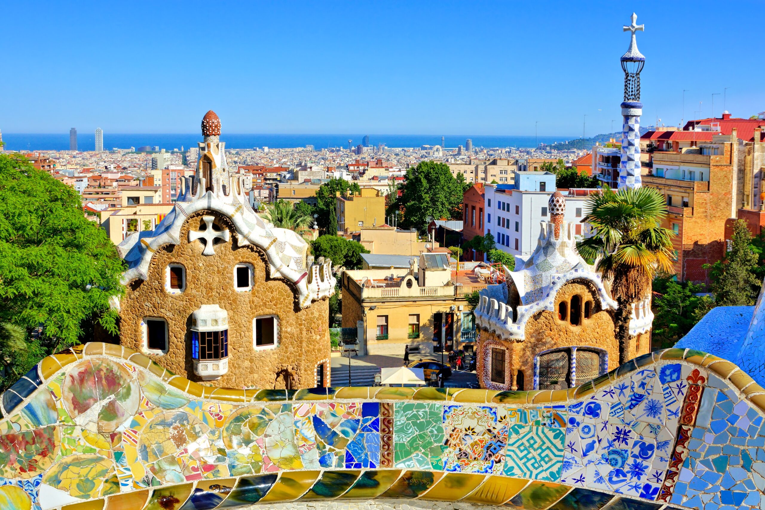 View over Antoni Gaudi's artistic Park Guell in Barcelona, Spain View over Antoni Gaudi's artistic Park Guell in Barcelona, Spain