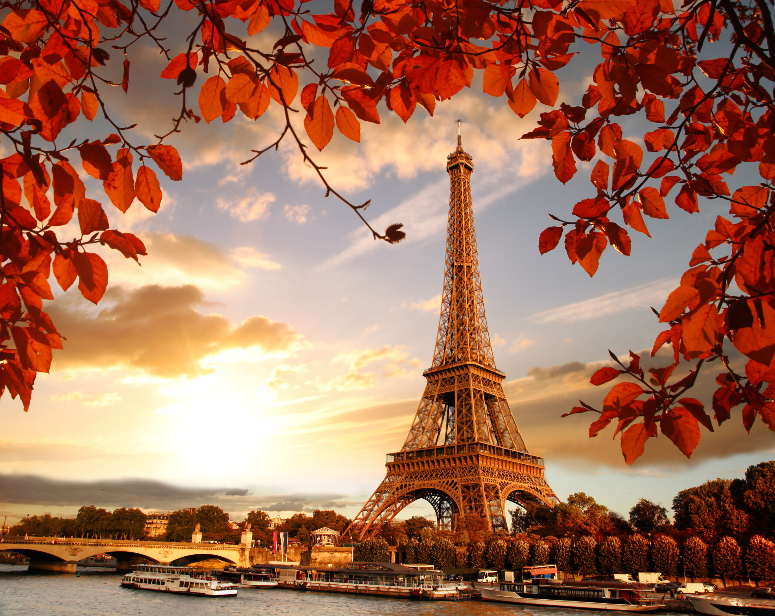Eiffel Tower with autumn leaves in Paris, France Eiffel Tower autumn