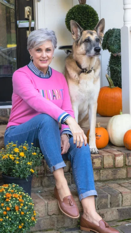 Beth in pink "BRILLIANT" sweatshirt with gingham collar detail sitting with Oscar the German Shepherd with grey muzzle and fall pumpkins - Happy 11th Birthday Oscar