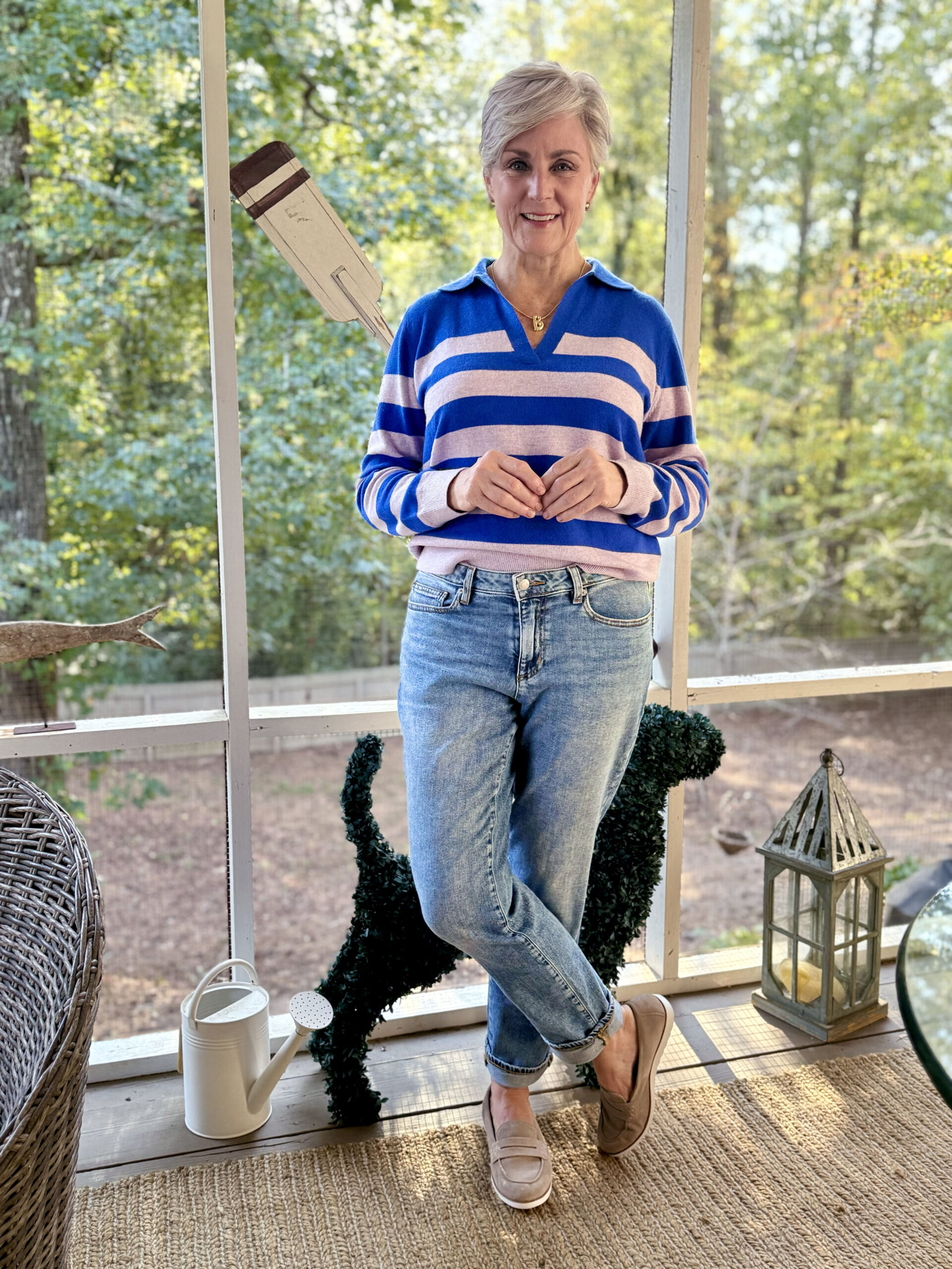 striped sweater and jeans