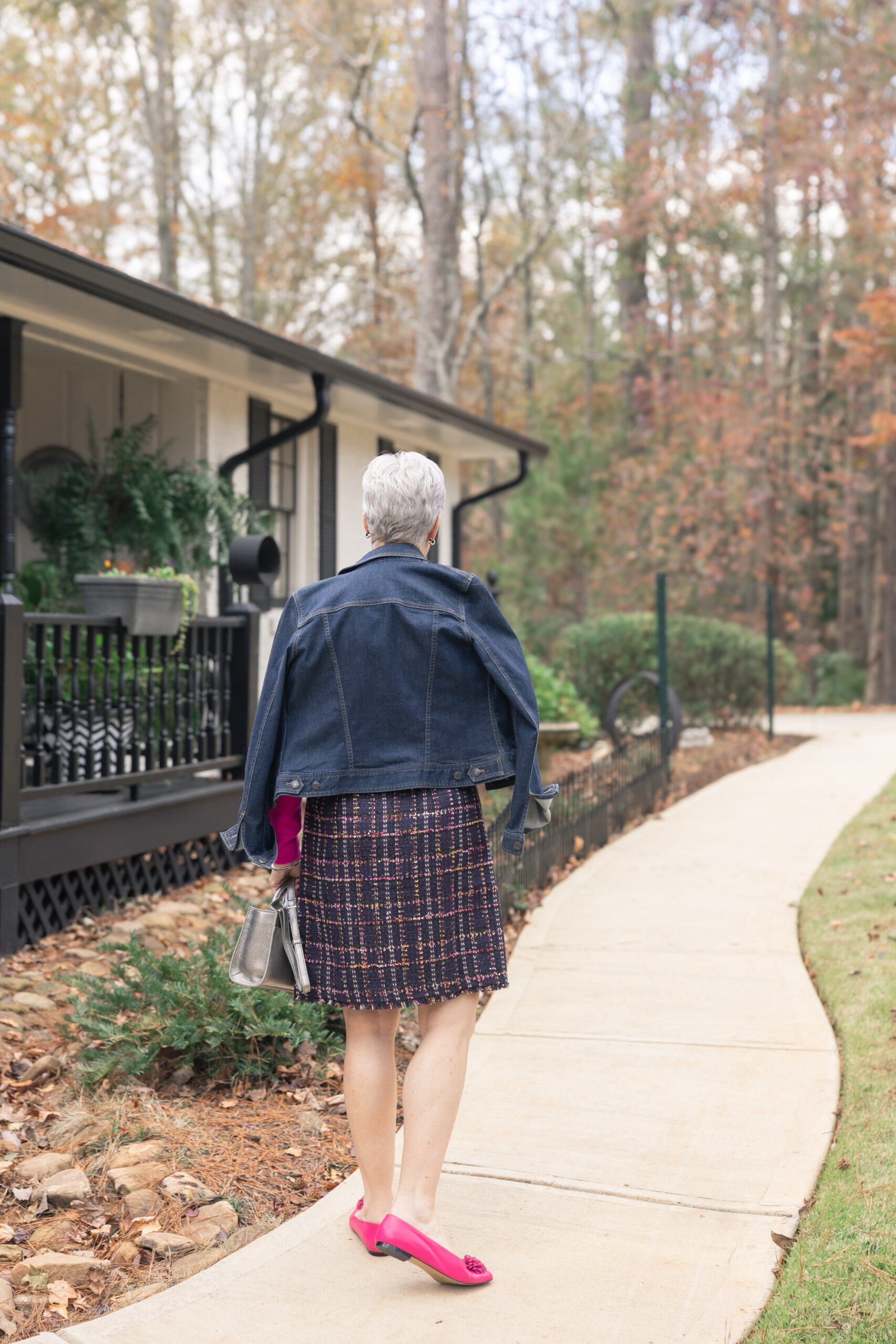denim jacket and tweed skirt
