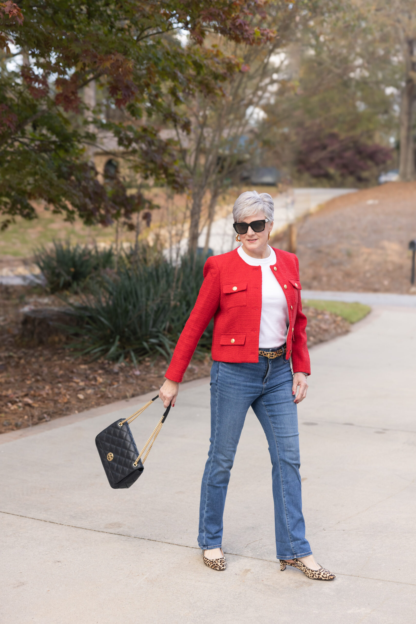 red lady jacket with jeans