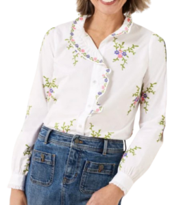 Talbots Lattice Embroidered Ruffle Shirt
