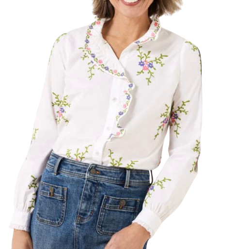 Talbots Lattice Embroidered Ruffle Shirt